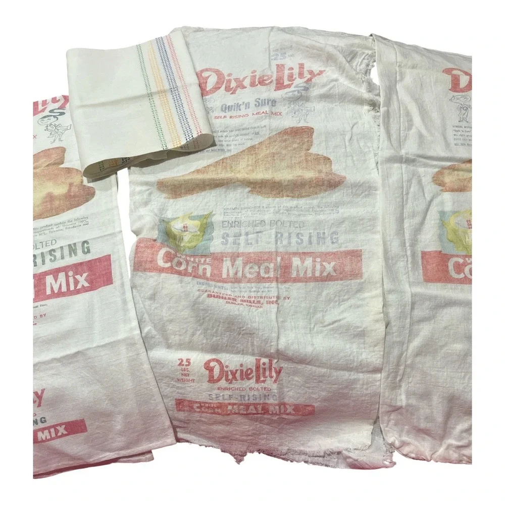 Vintage Dixie Lily White Corn Meal Mix 25 Lb Cloth Feed Sacks Buhler Mills 4 pc